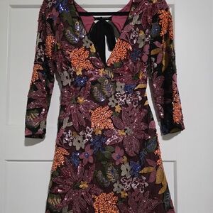 Sequin Floral V-Neck Women’s Dress - Burgundy Multi